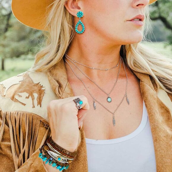 Western Turquoise Jewelry Set: Layered Necklaces, Rings, and Earrings for Women - Picture 6 of 7